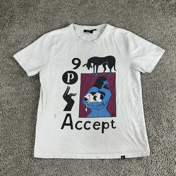 Parra Accept Shirt Mens Medium White Graphic Tee Dog Cat Art Made Portugal Rare - Picture 1 of 13
